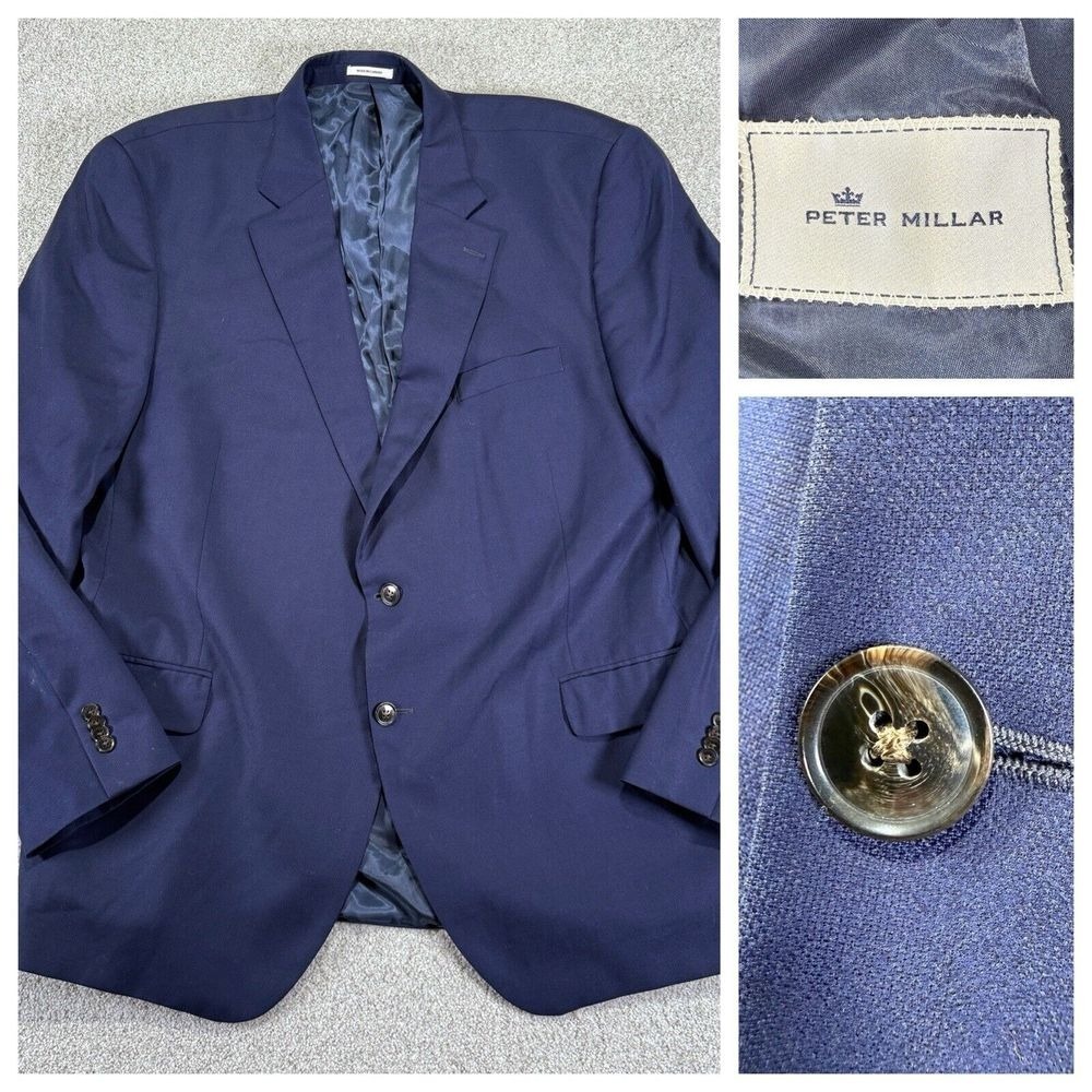Peter Millar Blazer Men 50T Navy Blue 100% Wool 2-Button Sport Coat Long
